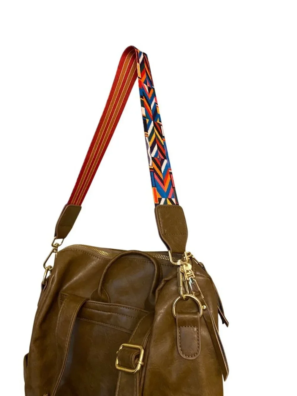 Brown Faux Leather Backpack Purse Colorful Adjustable Guitar Strap Gold Accents